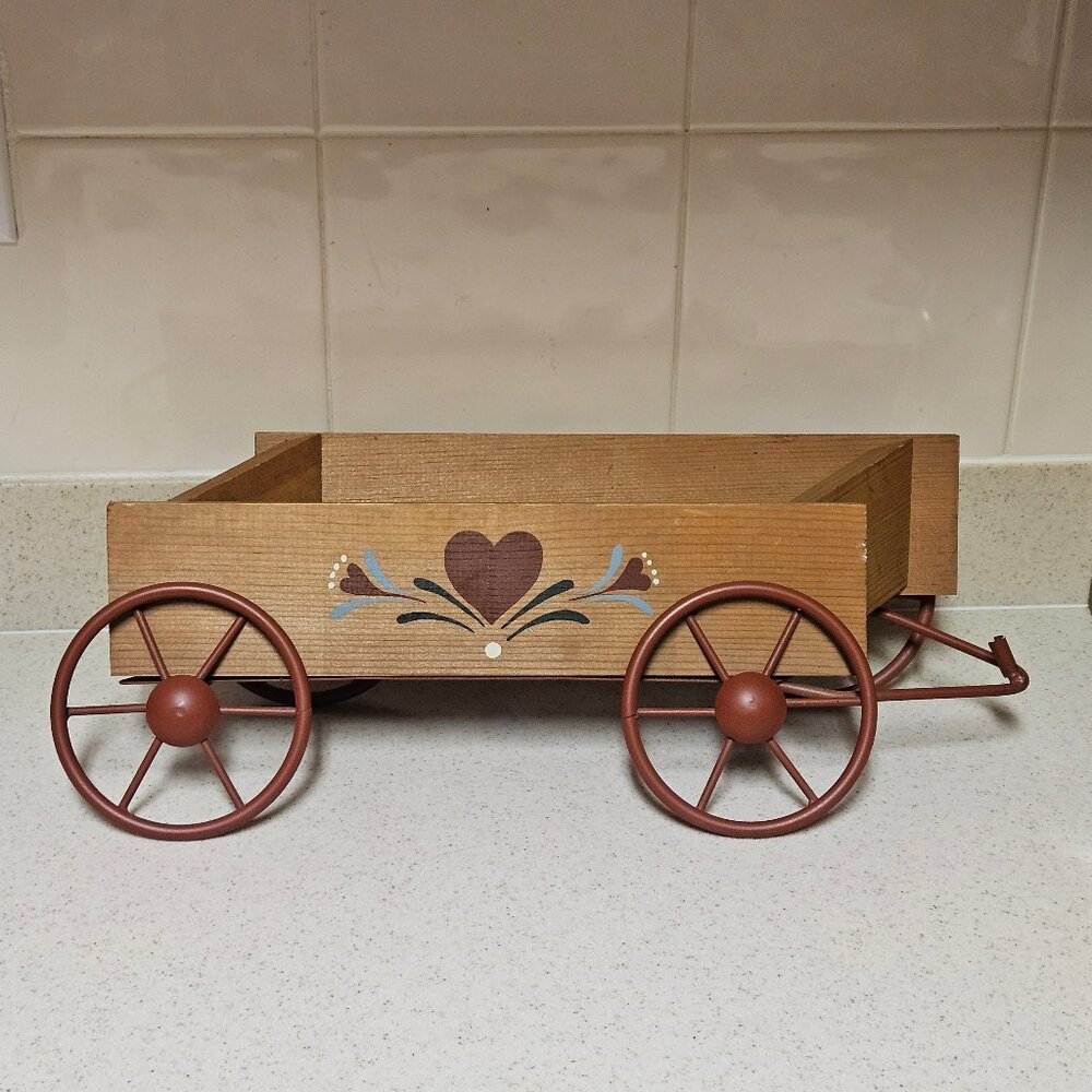 Vintage Homco Rustic Wooden Wagon Shelf Farmhouse Folk Art Planter Wall Decor